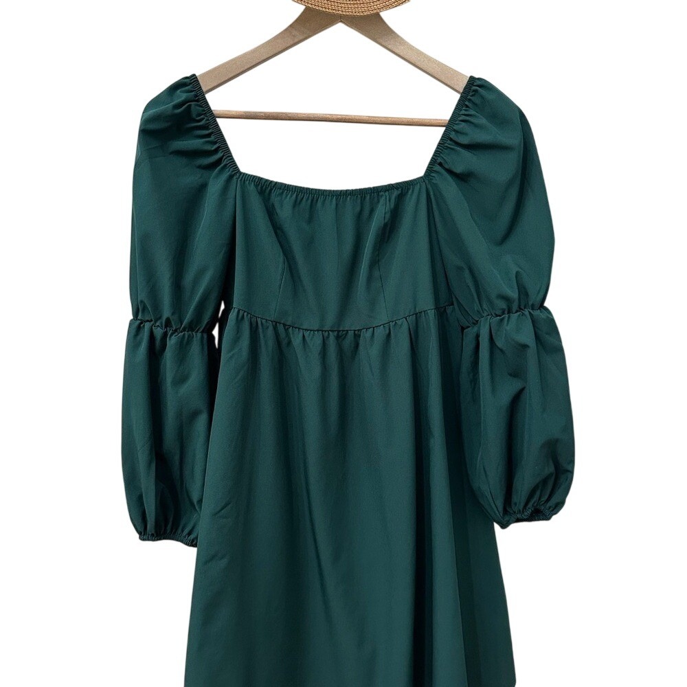 New Collection Puff‎ Sleeve Mini Dress XS Dark Green Square Neck Smocked Back